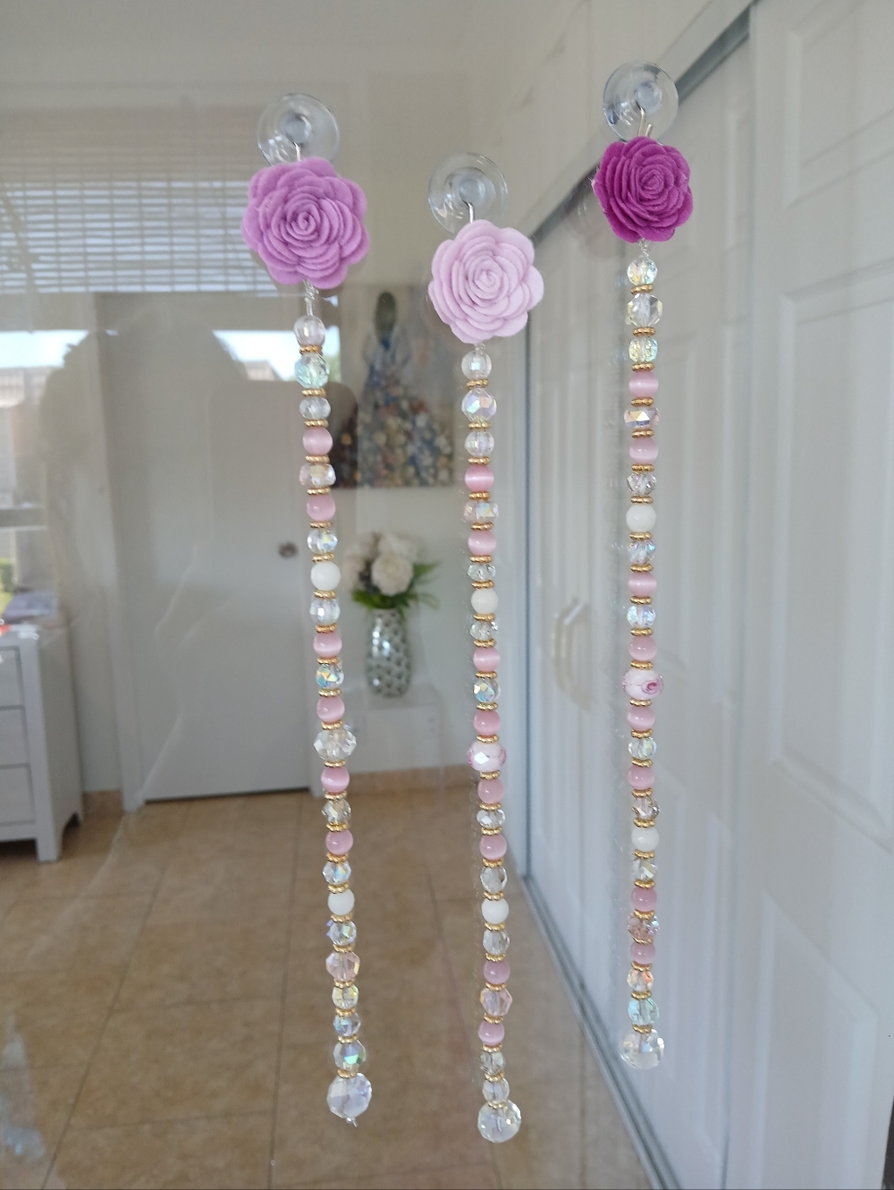 Pink & Lavender Beaded Flower Hanging Sun Cathchers Set Of 3.